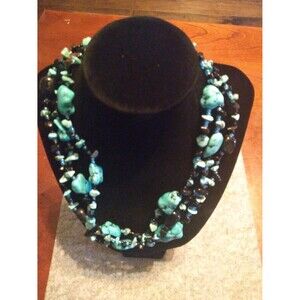Turquoise Chip Stone Necklace 3-Strand‎ Beaded Statement Jewelry